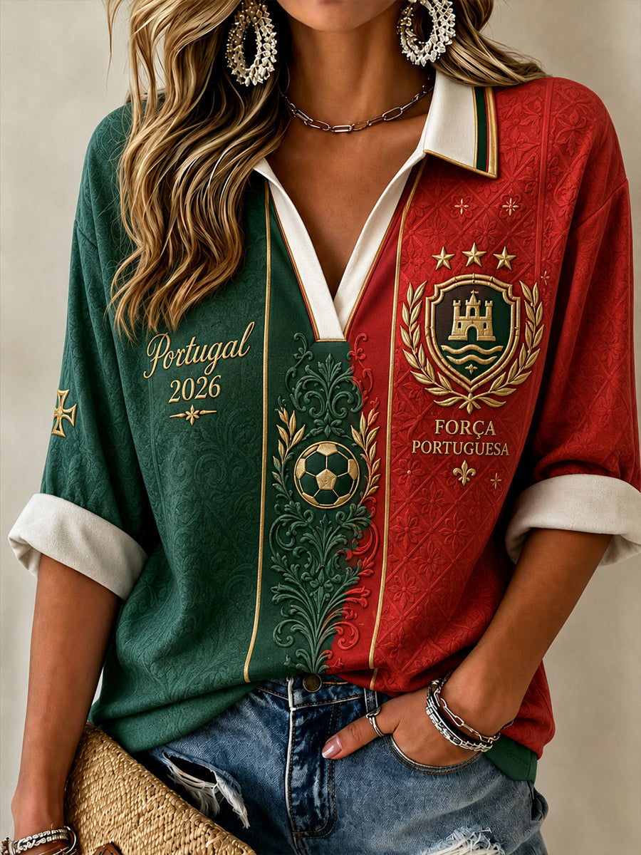 Retro Futebol Português Artwork Patchwork Polo das mulheres