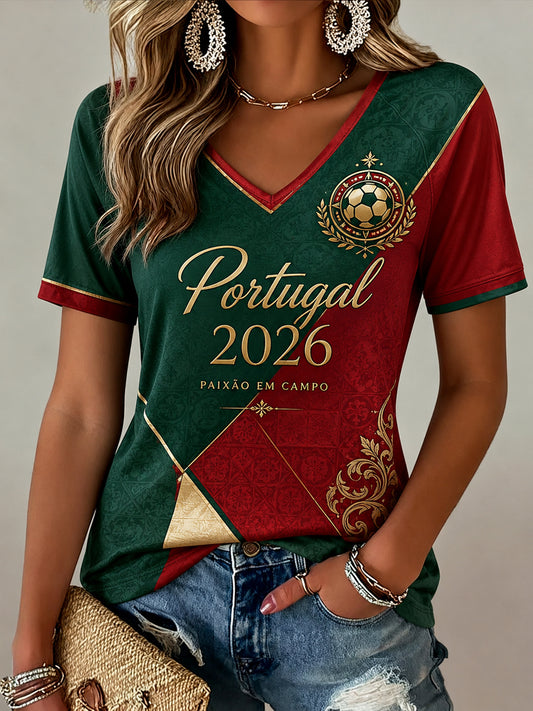 Camiseta Retro do futebol português feminino Fan Casual V-Neck