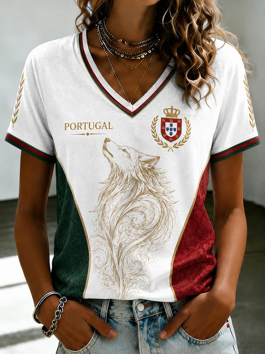 Camiseta feminina de futebol português com estampa e gola em V