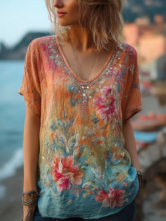 Camiseta feminina de mangas curtas, em estilo pintura a óleo, para férias e lazer
