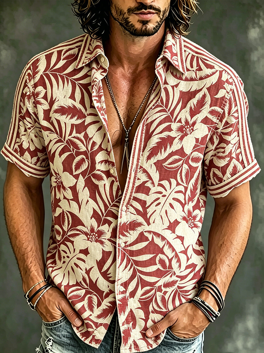 Camisa casual de linho com mangas curtas, estampada com plantas e flores, estilo férias para homens