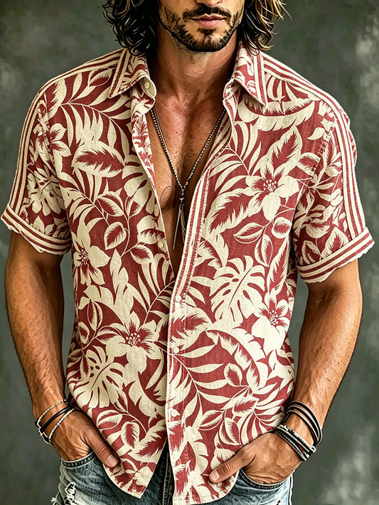 Camisa casual de linho com mangas curtas, estampada com plantas e flores, estilo férias para homens