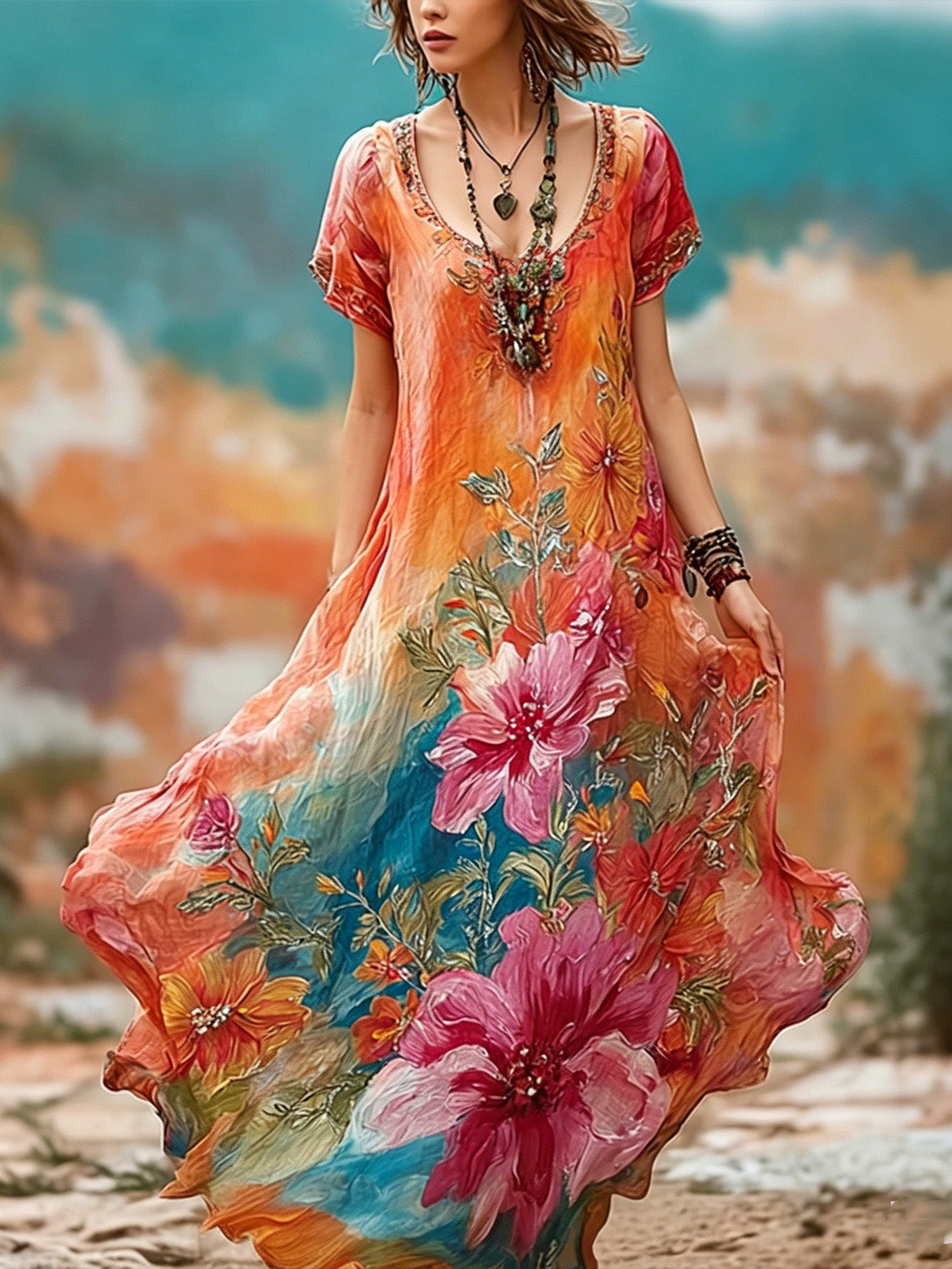 Vestido de manga curta estilo pintura a óleo e lazer feminino
