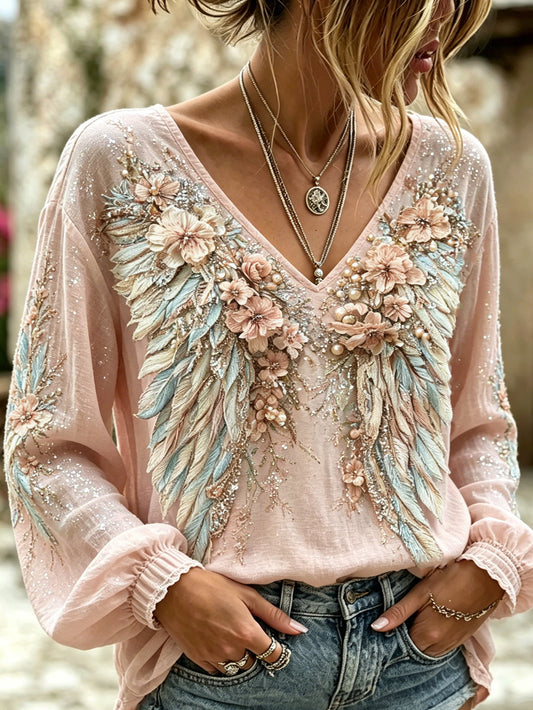 Retro floral e asa padrão feminino impresso algodão e camisa de linho