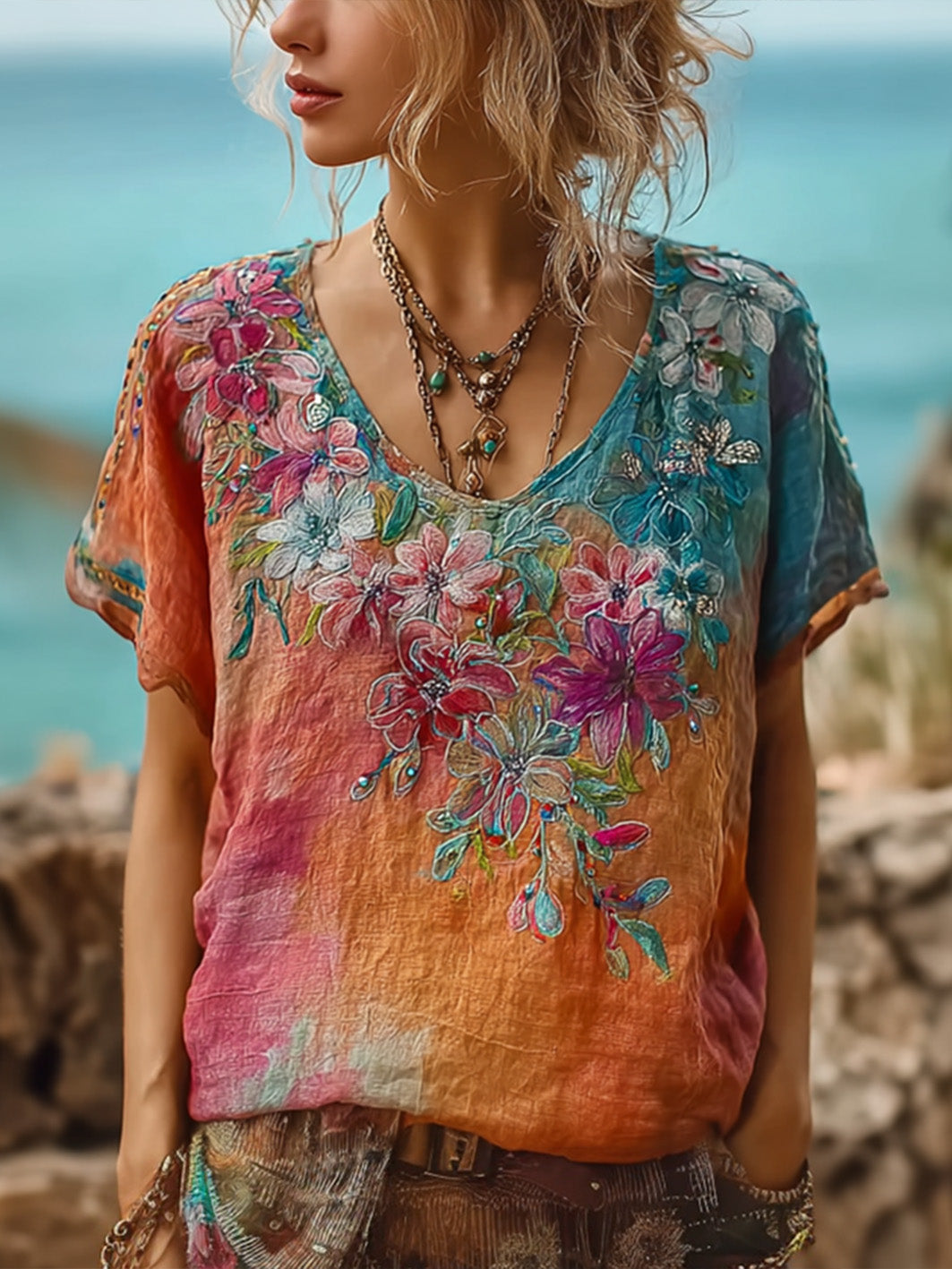 Férias e lazer de manga curta estilo pintura a óleo feminino camiseta