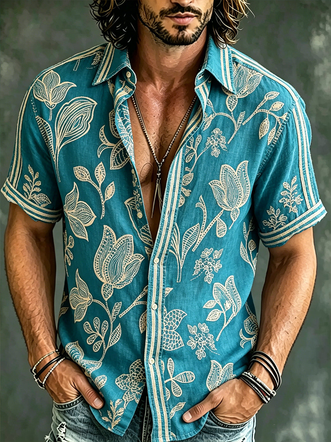 Férias estilo planta flor masculina impressa Casual linho camisa de manga curta