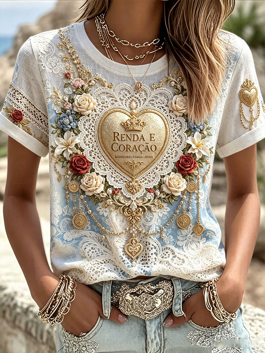 Camiseta de linho estampada com arte das Festas d’Agonia, Portugal, para mulheres
