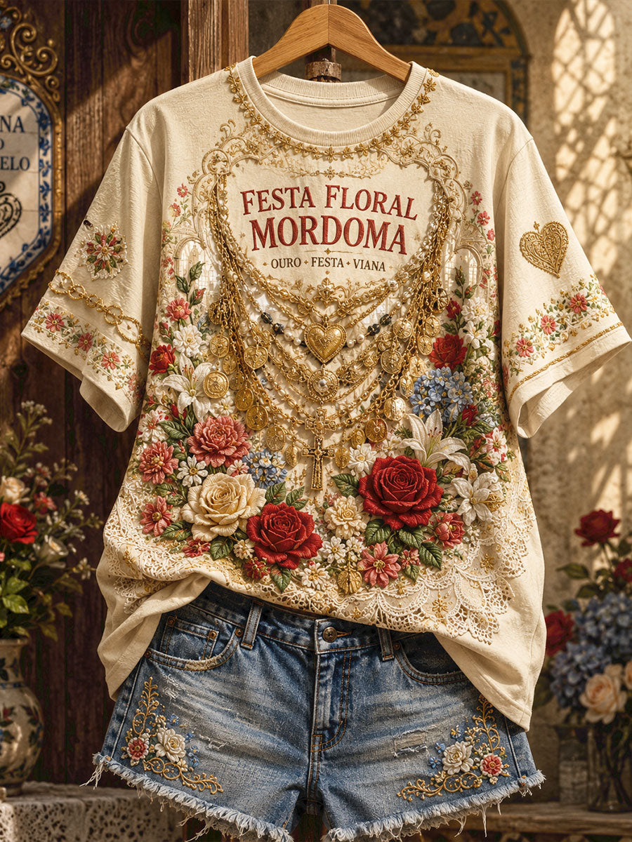 Camiseta de linho estampada com arte das Festas d’Agonia, Portugal, para mulheres