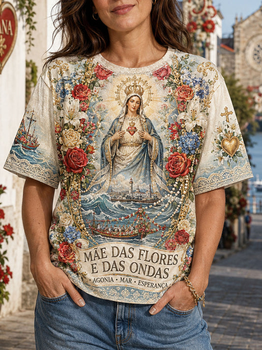 Camiseta de linho estampada com arte das Festas d’Agonia, Portugal, para mulheres