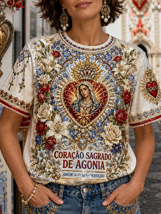 Camiseta de linho estampada com arte das Festas d’Agonia, Portugal, para mulheres