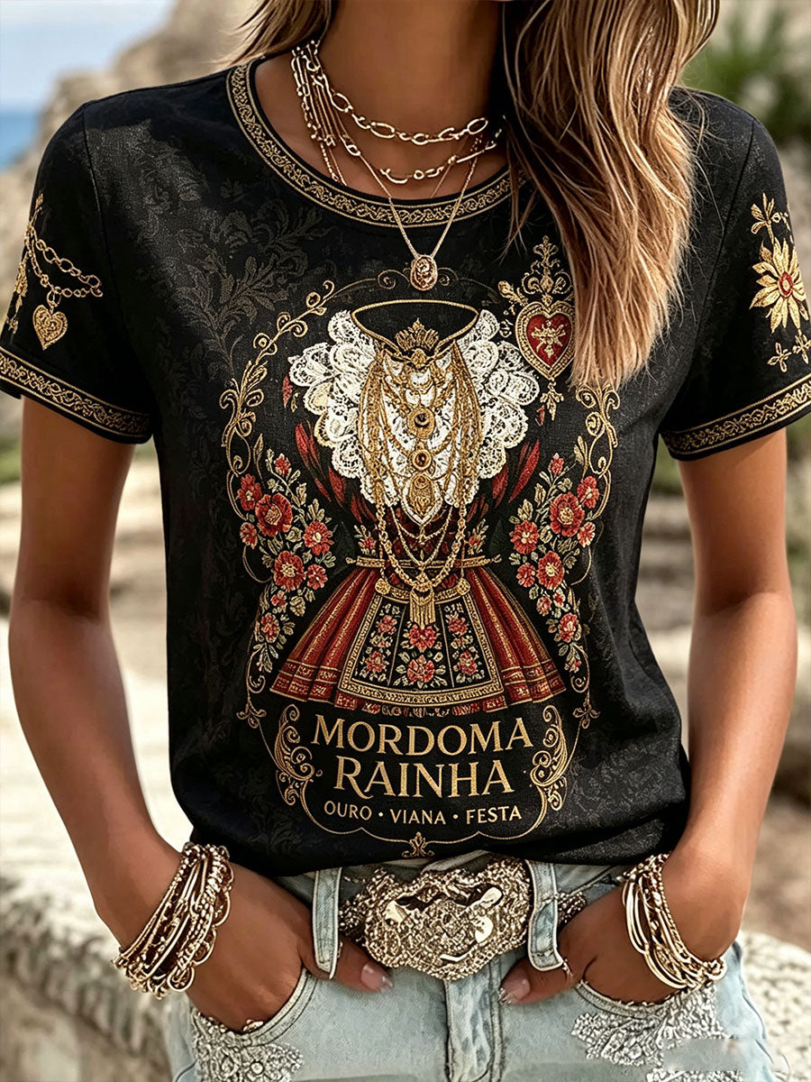 Camiseta de linho estampada com arte das Festas d’Agonia, Portugal, para mulheres