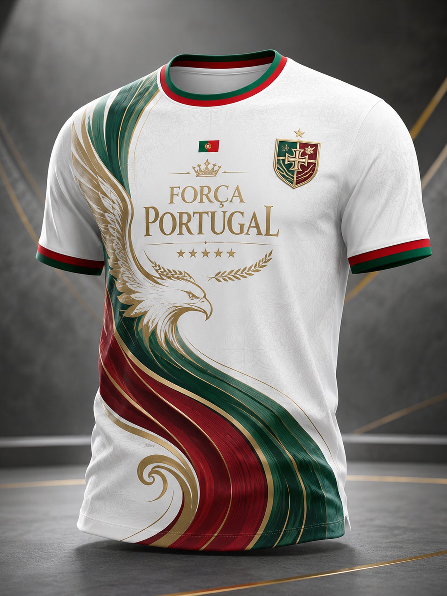 Camiseta com estampa artística de apoio à seleção portuguesa de futebol masculino