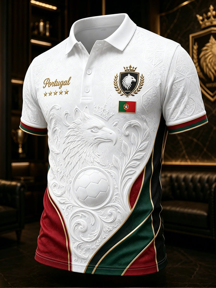 Camisa polo com estampa artística de elemento de torcida em partida de futebol masculino em Portugal