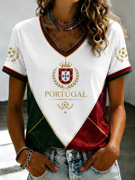 Camiseta feminina de futebol português com estampa e gola em V