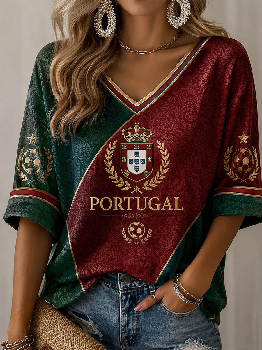 Camiseta casual com estampa de futebol feminino português