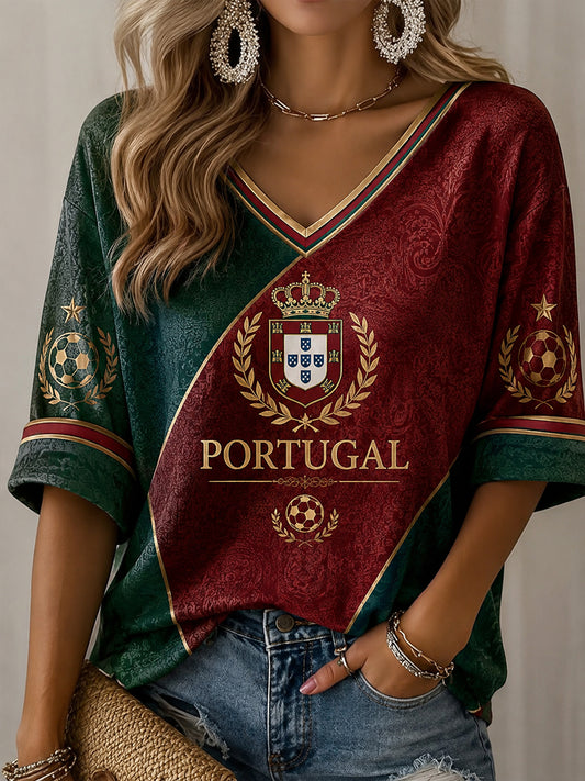 Camiseta casual com estampa de futebol feminino português