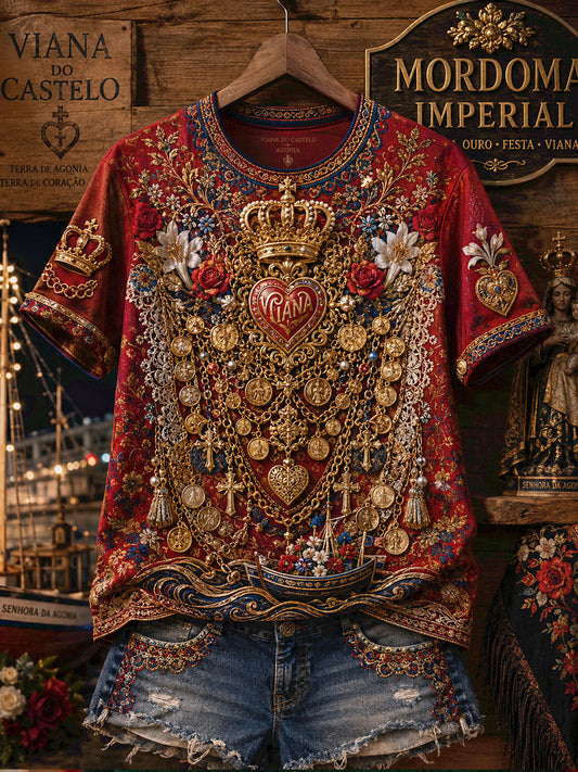 Camiseta de Linho Estampada com Arte das Festas d’Agonia, Portugal, Feminina
