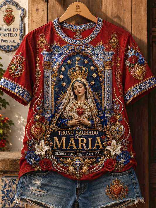 Camiseta de Linho Estampada com Arte das Festas d’Agonia, Portugal, Feminina