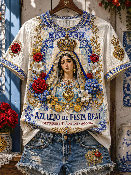Camiseta de Linho Estampada com Arte das Festas d’Agonia, Portugal, Feminina