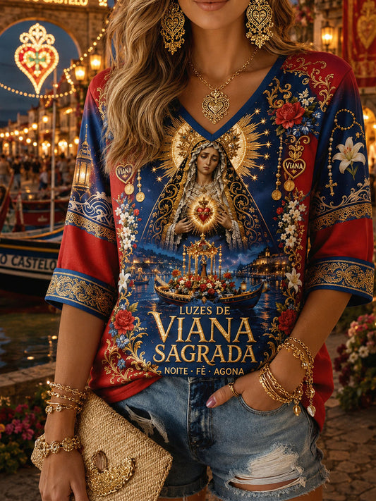 Camiseta Estampada com Arte das Festas de Agonia, Portugal, Feminina