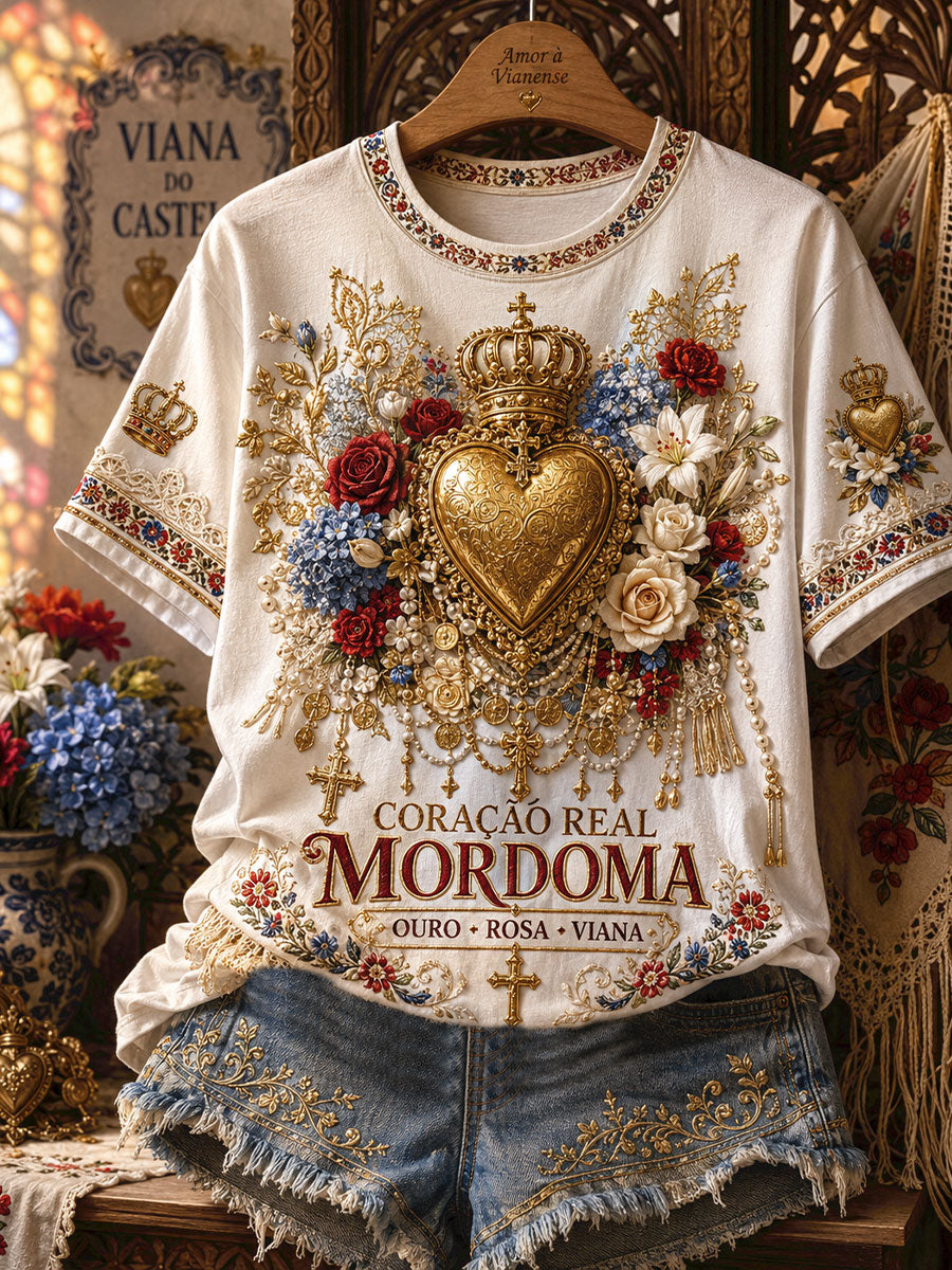 Camiseta de Linho Estampada com Arte das Festas d’Agonia, Portugal, Feminina