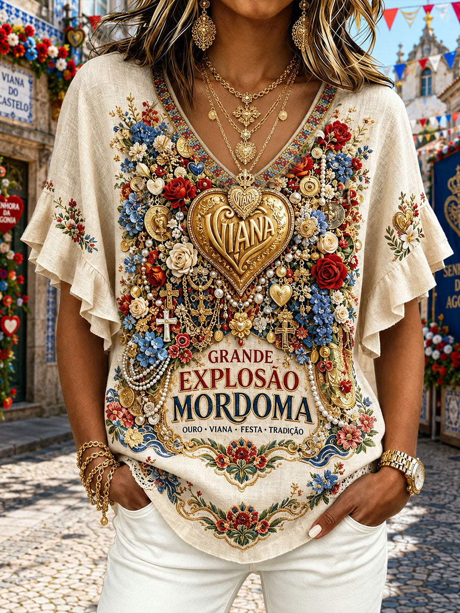 Camiseta de Linho Estampada com Arte das Festas d’Agonia, Portugal, Feminina