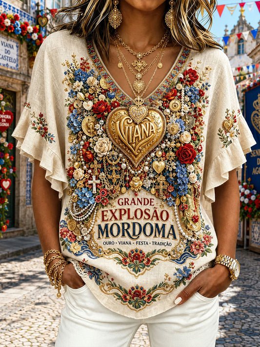 Camiseta de Linho Estampada com Arte das Festas d’Agonia, Portugal, Feminina