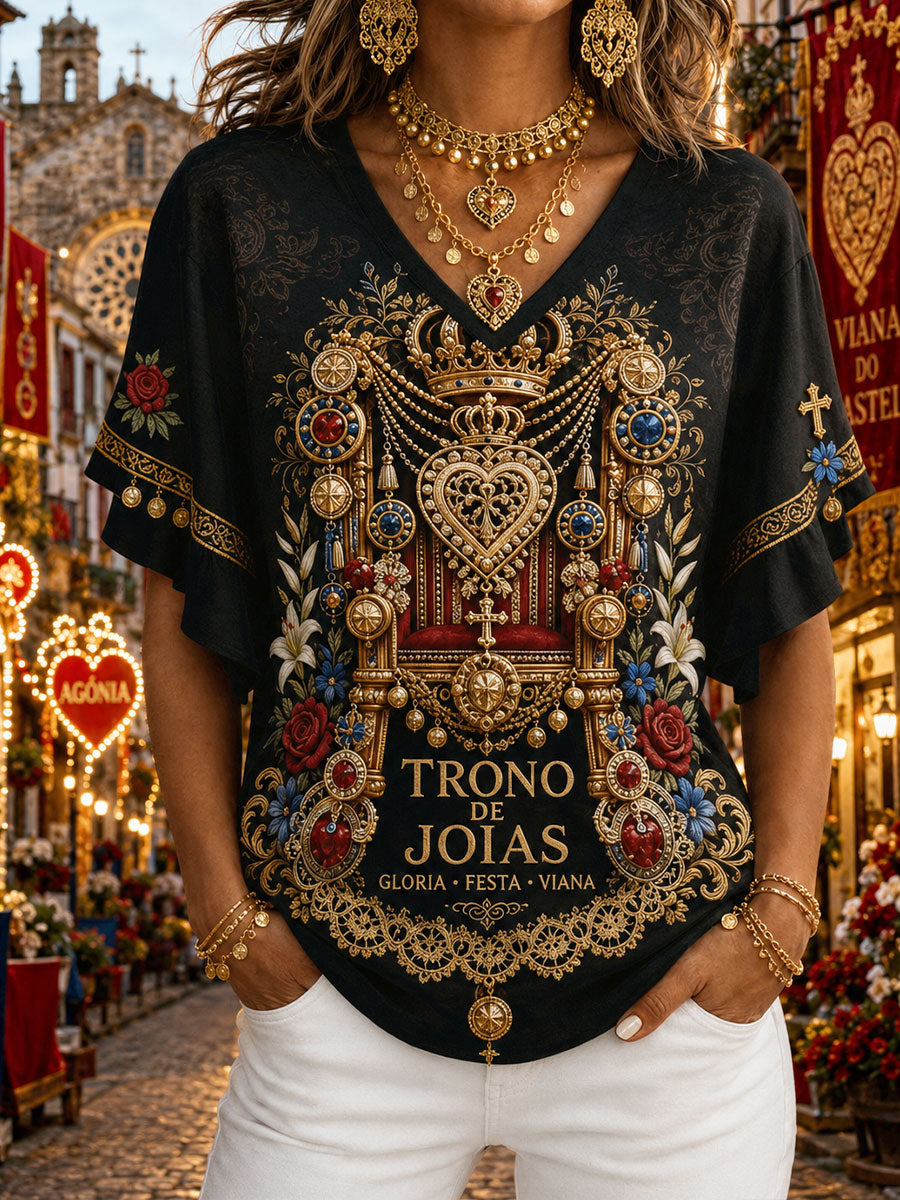 Camiseta de Linho Estampada com Arte das Festas d’Agonia, Portugal, Feminina