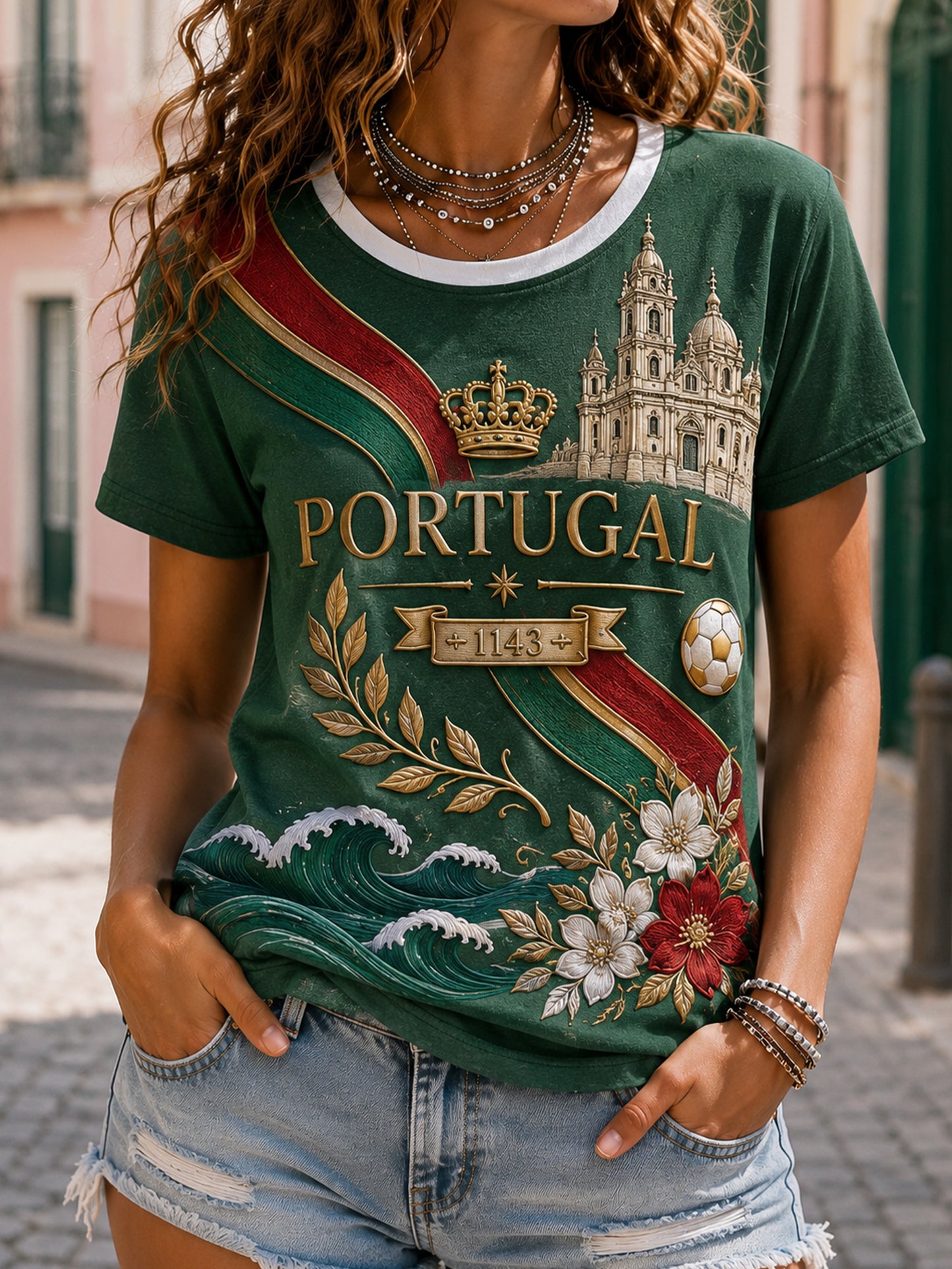Camiseta com estampa artística de apoio à seleção feminina de futebol de Portugal