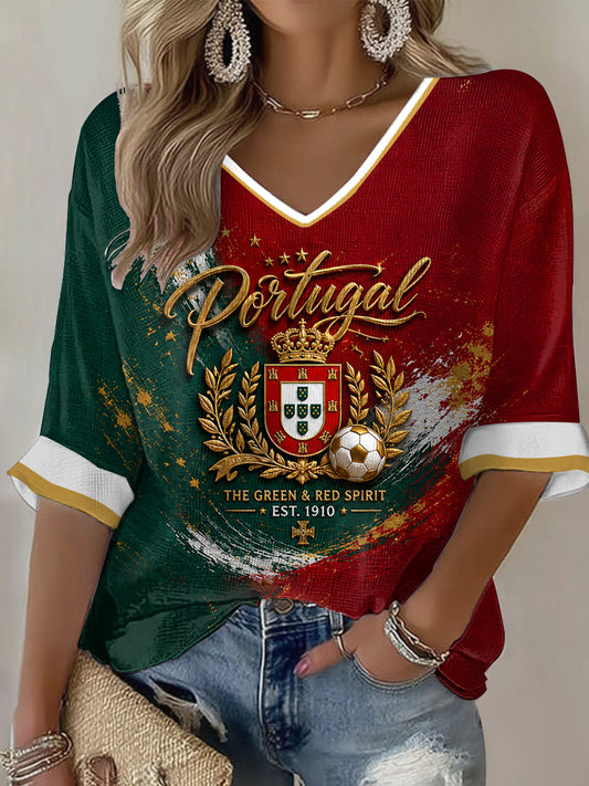 Futebol Português Feminino Estampado Casual T-shirt