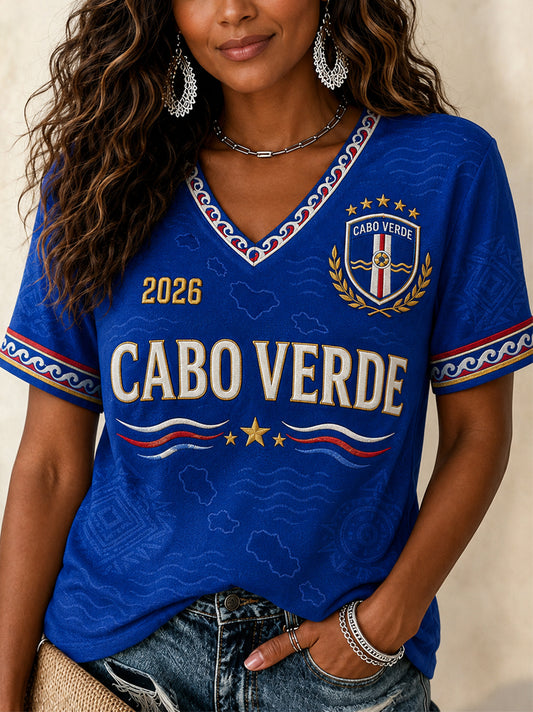 Camiseta Casual com Gola em V e Estampa para Mulheres, Presente Ideal para Fãs de Futebol