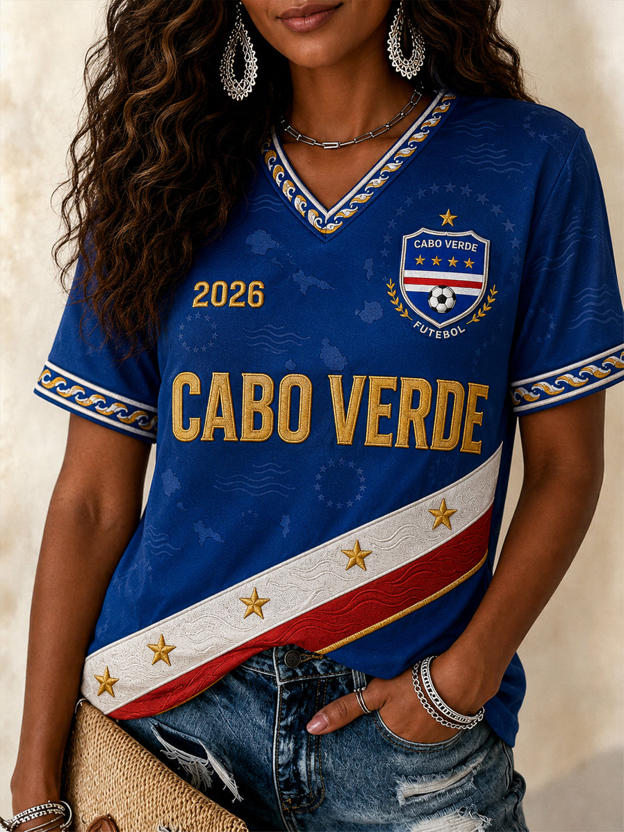 Camiseta Casual com Gola em V e Estampa para Mulheres, Presente Ideal para Fãs de Futebol