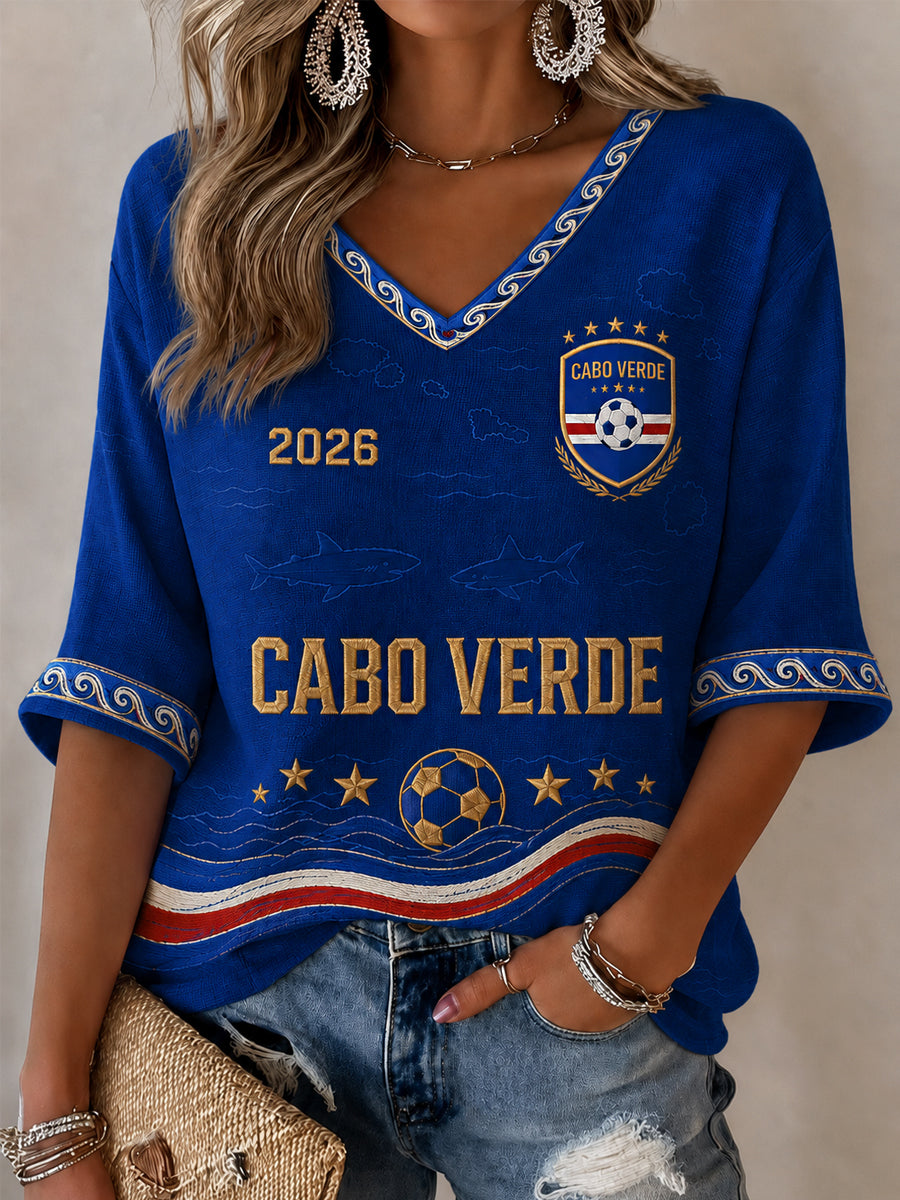 Camiseta Feminina Casual com Estampa para Fãs de Futebol, Manga Meia‑Cava e Gola em V