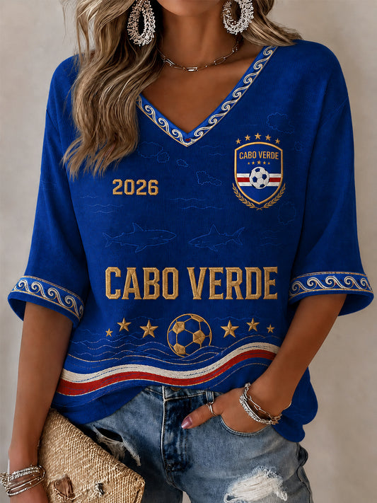 Camiseta Feminina Casual com Estampa para Fãs de Futebol, Manga Meia‑Cava e Gola em V