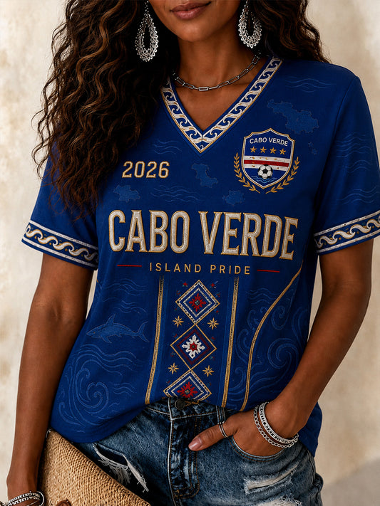 Camiseta Casual com Gola em V e Estampa para Mulheres, Presente Ideal para Fãs de Futebol
