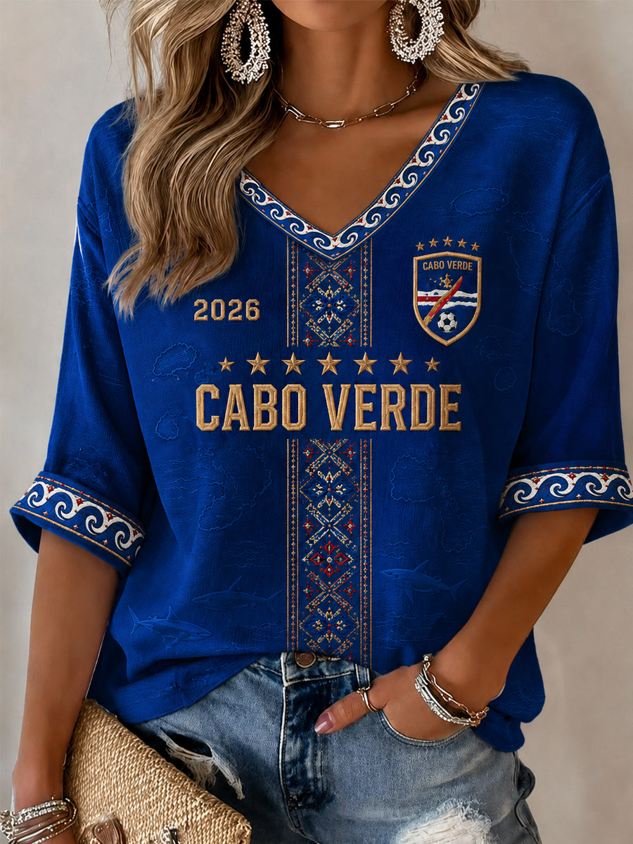Camiseta Feminina Casual com Estampa para Fãs de Futebol, Manga Meia‑Cava e Gola em V