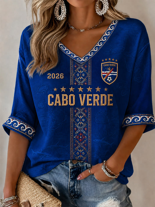 Camiseta Feminina Casual com Estampa para Fãs de Futebol, Manga Meia‑Cava e Gola em V