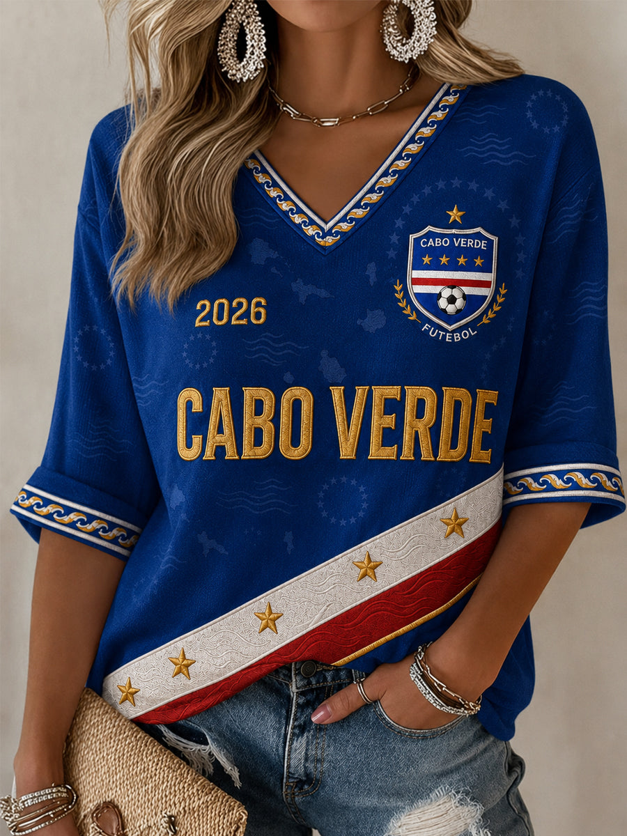 Camiseta Feminina Casual com Estampa para Fãs de Futebol, Manga Meia‑Cava e Gola em V
