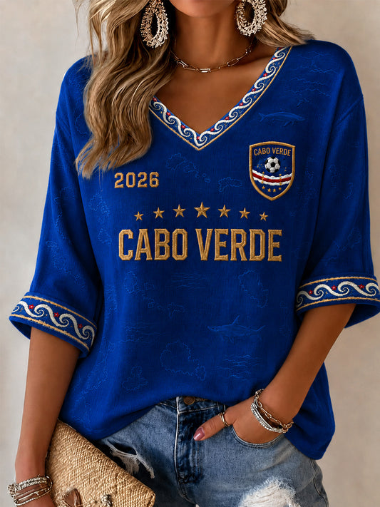 Camiseta Feminina Casual com Estampa para Fãs de Futebol, Manga Meia‑Cava e Gola em V