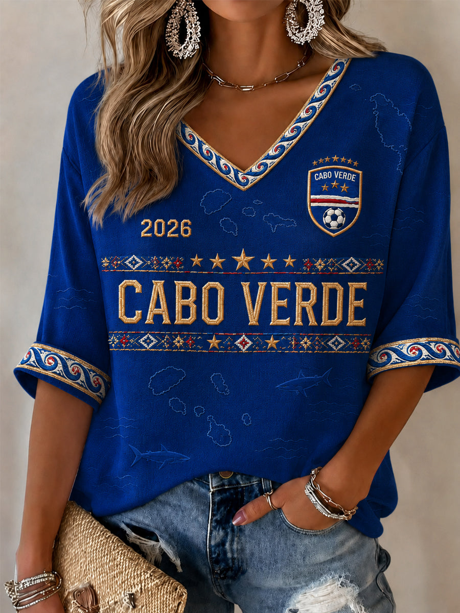 Camiseta Feminina Casual com Estampa para Fãs de Futebol, Manga Meia‑Cava e Gola em V