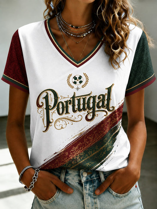 Camiseta feminina de futebol português com estampa e gola em V