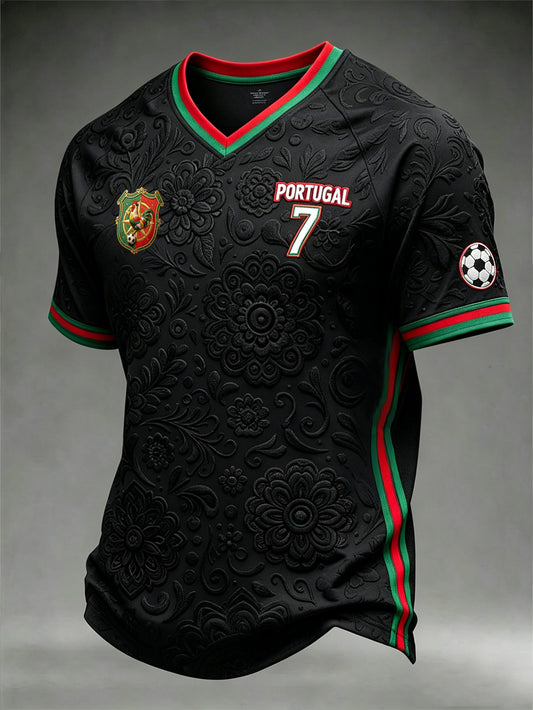 Futebol elemento cor-bloqueio Design Casual V-neck T-shirt masculino