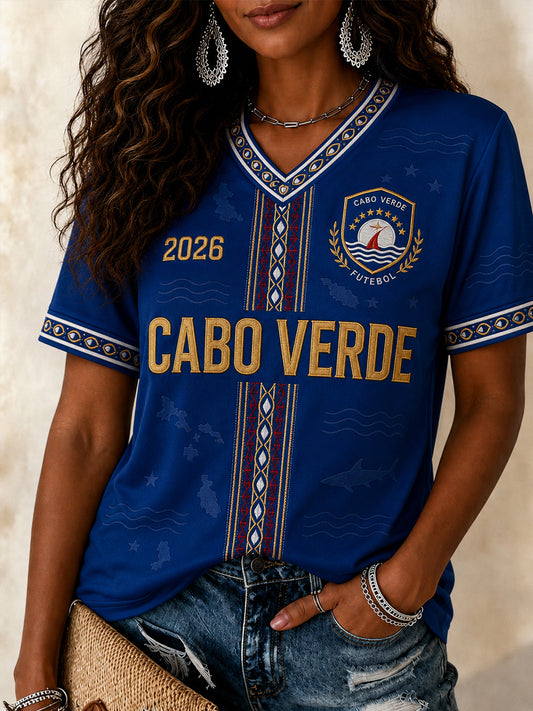 Camiseta Casual com Gola em V e Estampa para Mulheres, Presente Ideal para Fãs de Futebol