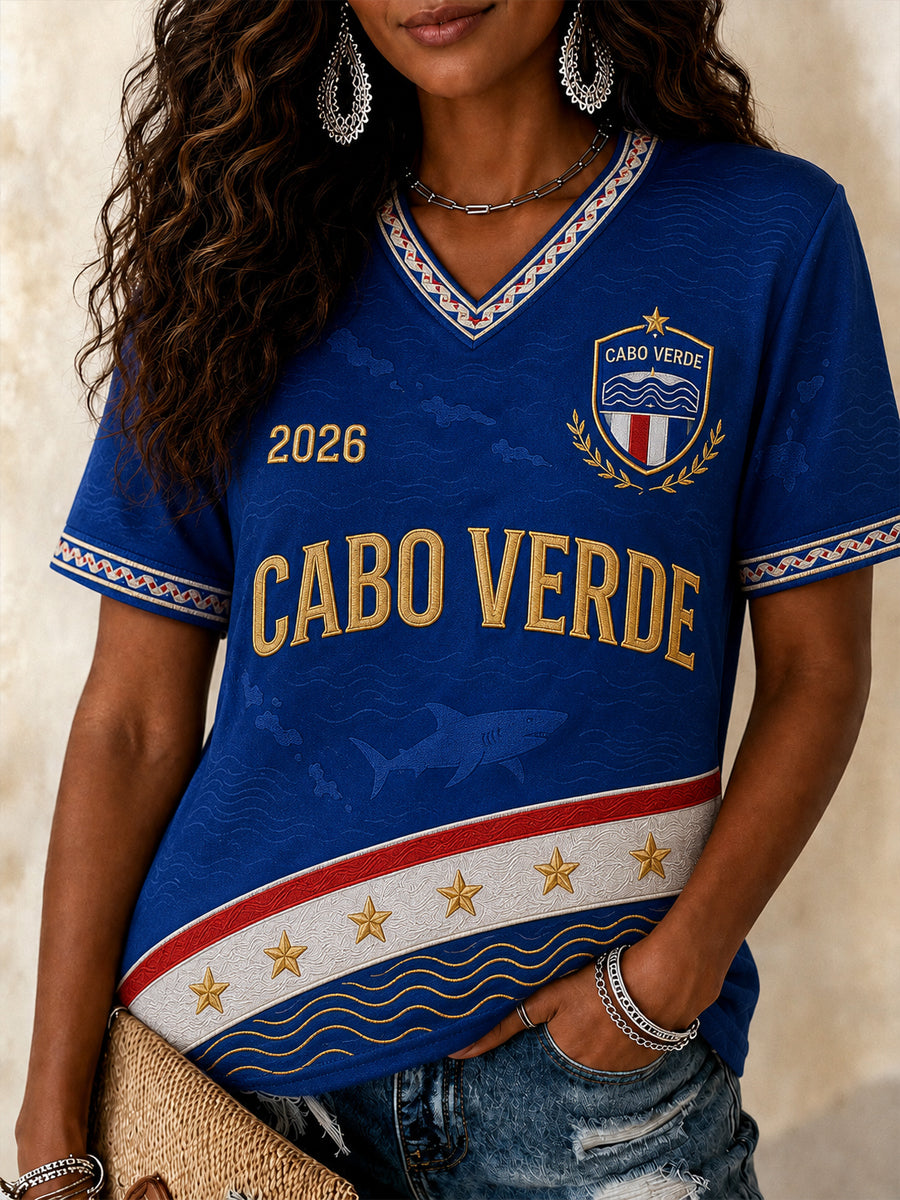 Camiseta Casual com Gola em V e Estampa para Mulheres, Presente Ideal para Fãs de Futebol