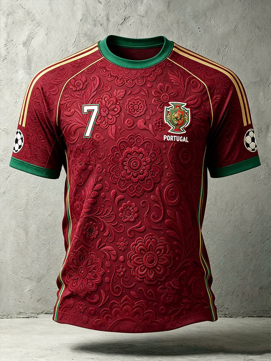 Camiseta esportiva casual com estampa de plantas e elementos do futebol masculino