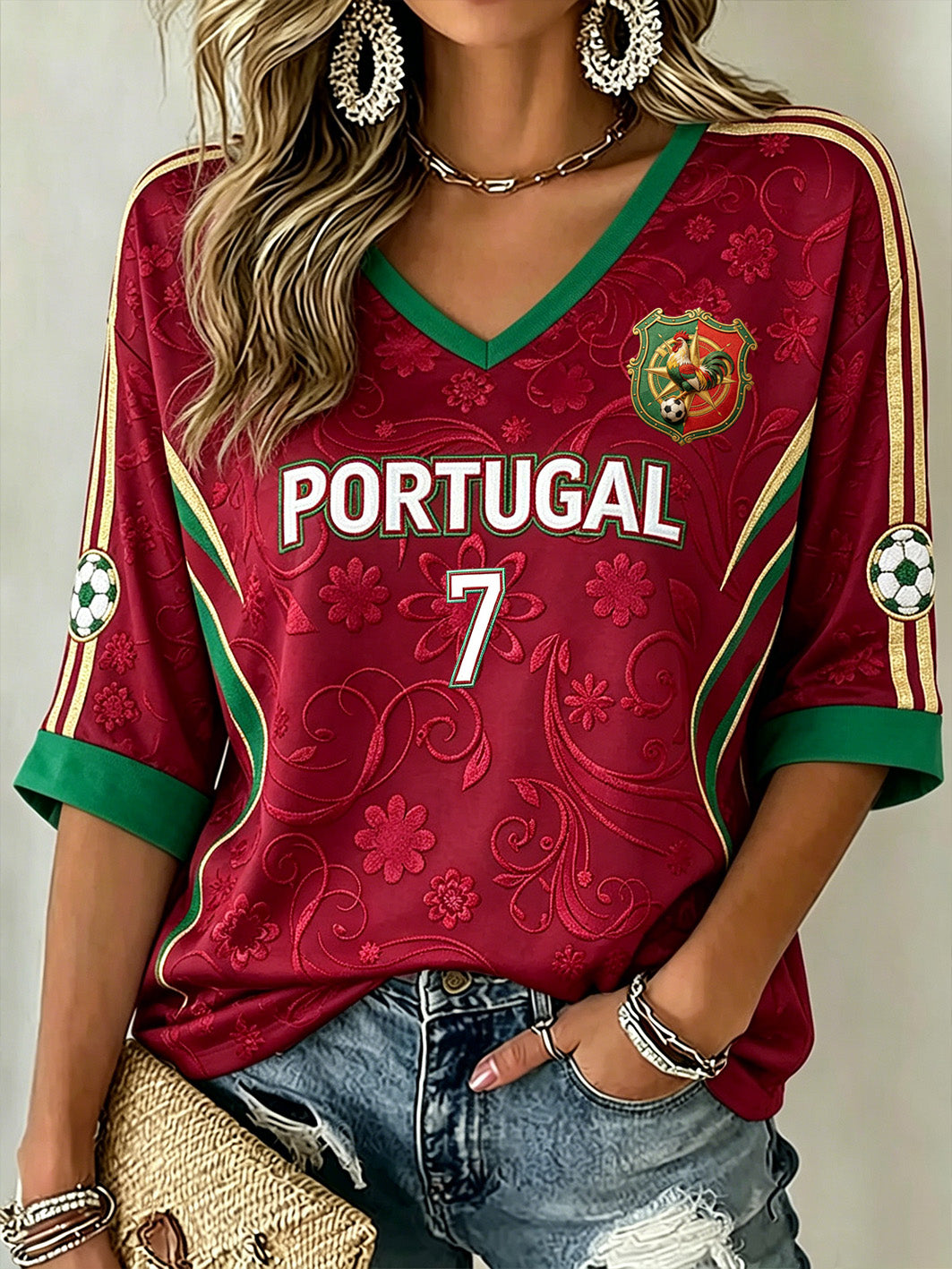 Futebol elemento bloqueio de cor Design Casual meados de comprimento feminino mangas t-shirt com decote em v