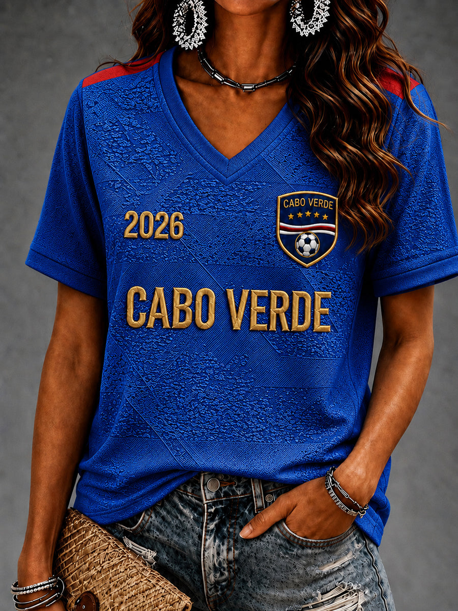 Camiseta Feminina de Manga Curta com Gola em V, Estampada e Casual, Ideal como Presente para Fãs de Futebol