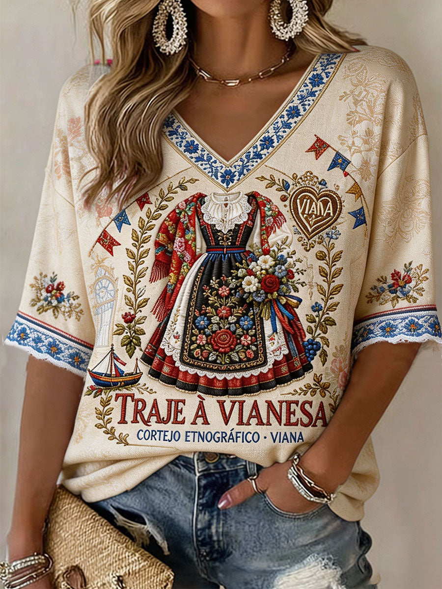 Camiseta de linho estampada com arte das Festas d’Agonia, Portugal, para mulheres
