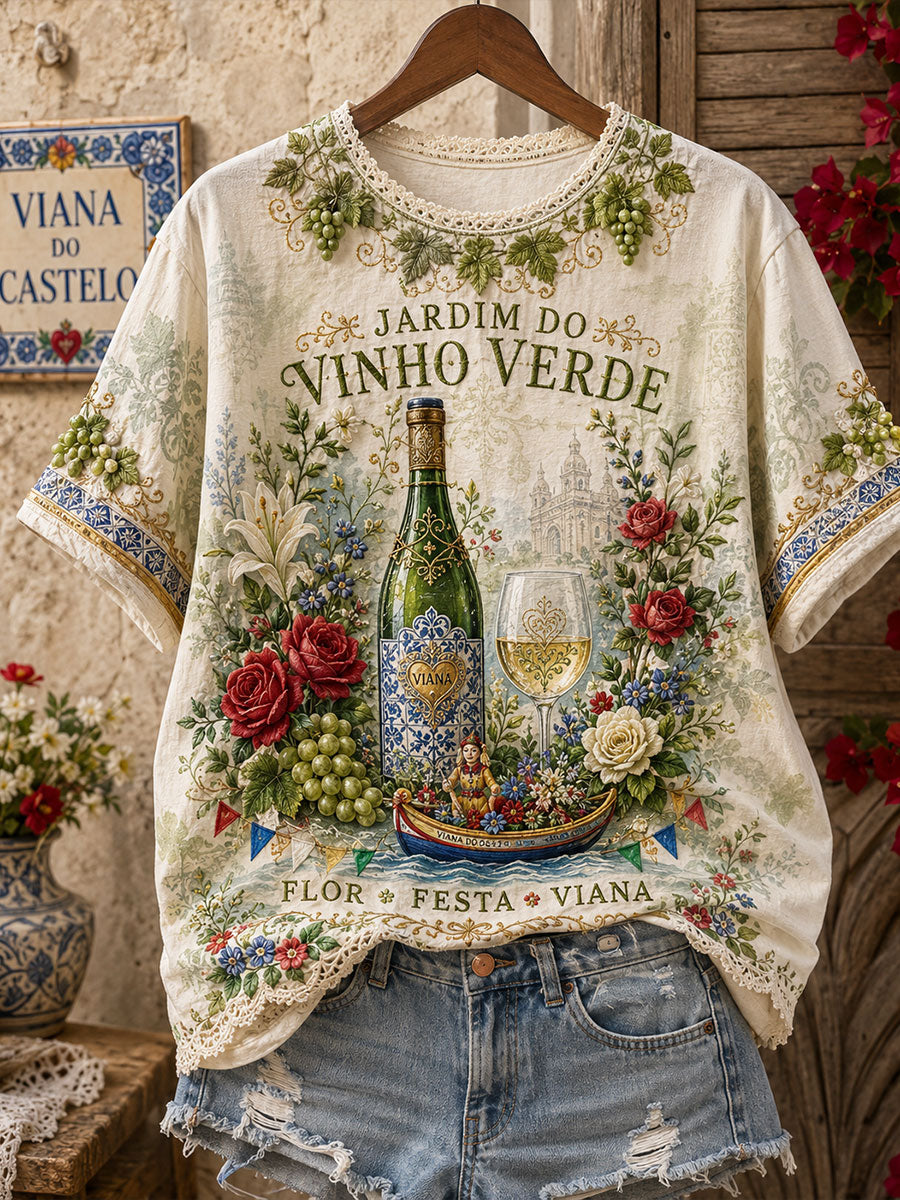 Camiseta de linho estampada com arte das Festas d’Agonia, Portugal, para mulheres