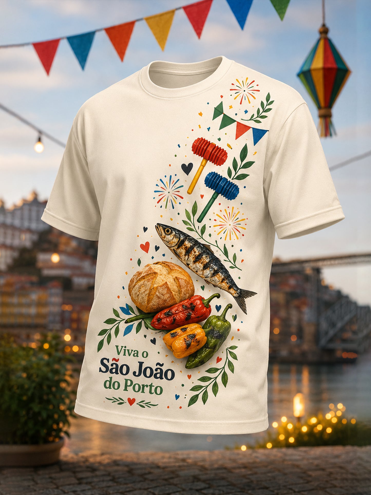 Camiseta masculina com estampa artística comemorativa do Dia de São João, em português